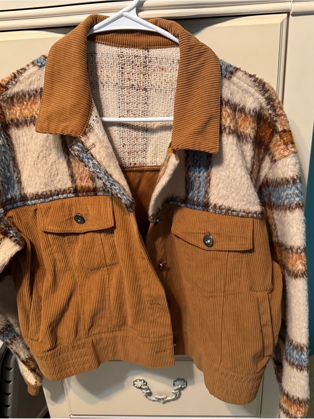 Women's Tan Corduroy & Plaid Sherpa Jacket